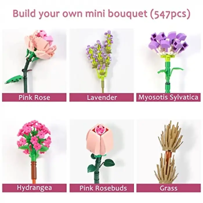 Mini Bricks çiçek buketi yapı seti, yapay çiçek yapı taşları, ev dekorasyonu, 547 parça yaratıcı botanik koleksiyonu, 8-12 yaş arası kızlar için