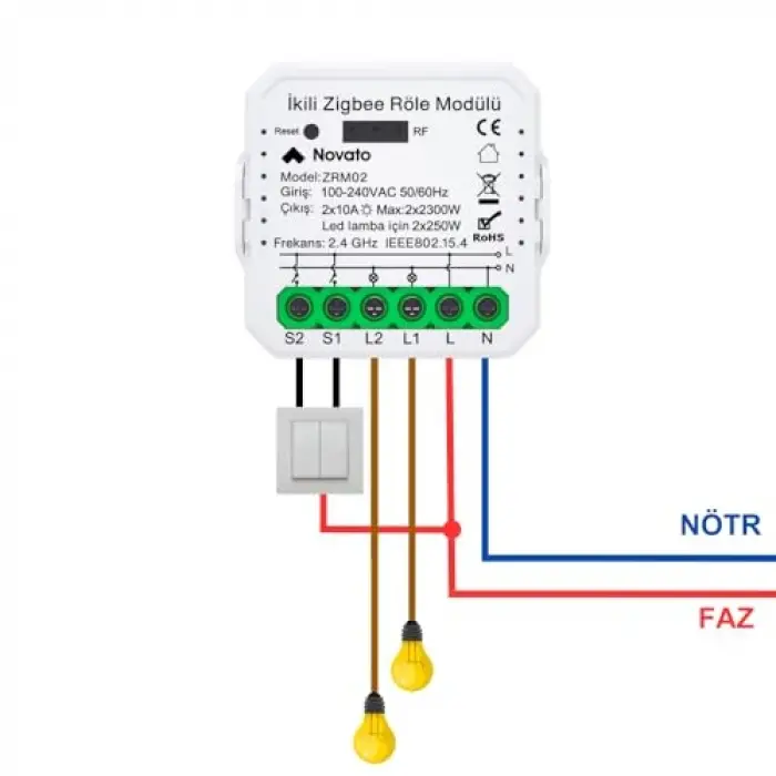 Mini Zigbee İki Çıkışlı Anahtar, Tuya, Smart Life, Home Assistant ve Zigbee2MQTT Uyumlu