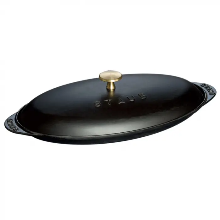 Minis Döküm Balık Servis Tabağı, Kapaklı, Döküm Demir, Siyah, 31 cm