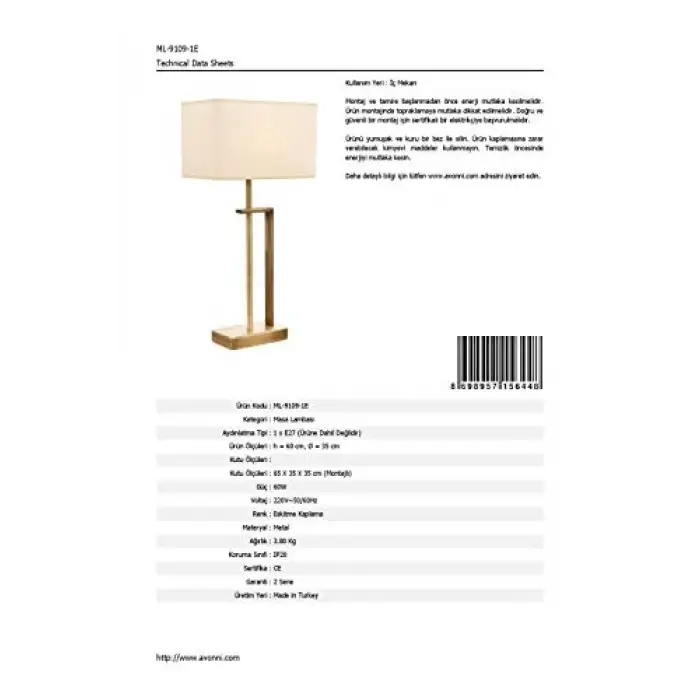 ML-9109-1E Eskitme Kaplama Masa Lambası, E27, Metal, 35 cm