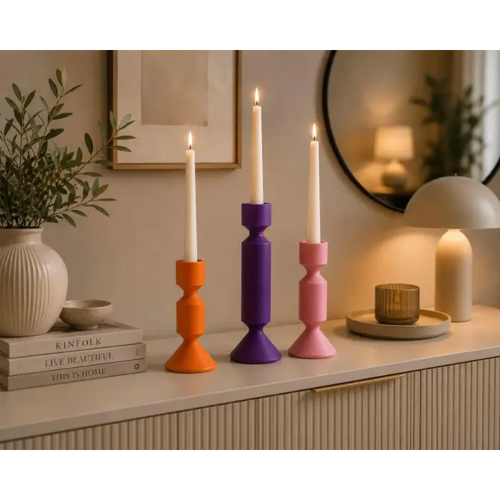 Modern Dekoratif Şamdan Seti, 3lü, Turuncu Mor Pembe, 6.5,12 ve 17 cm