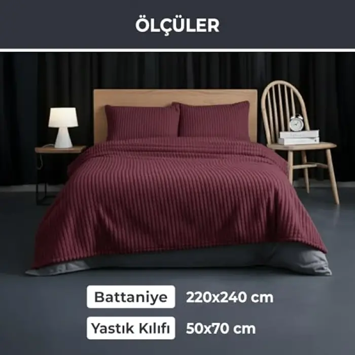 Modern Line 3 Parça Battaniye Seti, Mürdüm Renk