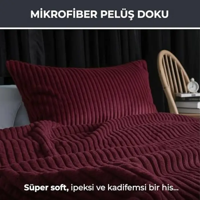Modern Line 3 Parça Battaniye Seti, Mürdüm Renk