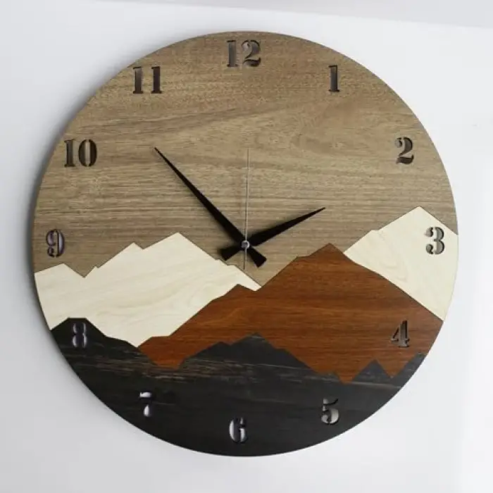 Modern Rustik Dağ Motifli Ahşap Duvar Saati 50 cm