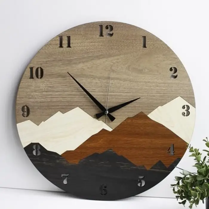 Modern Rustik Dağ Motifli Ahşap Duvar Saati 50 cm