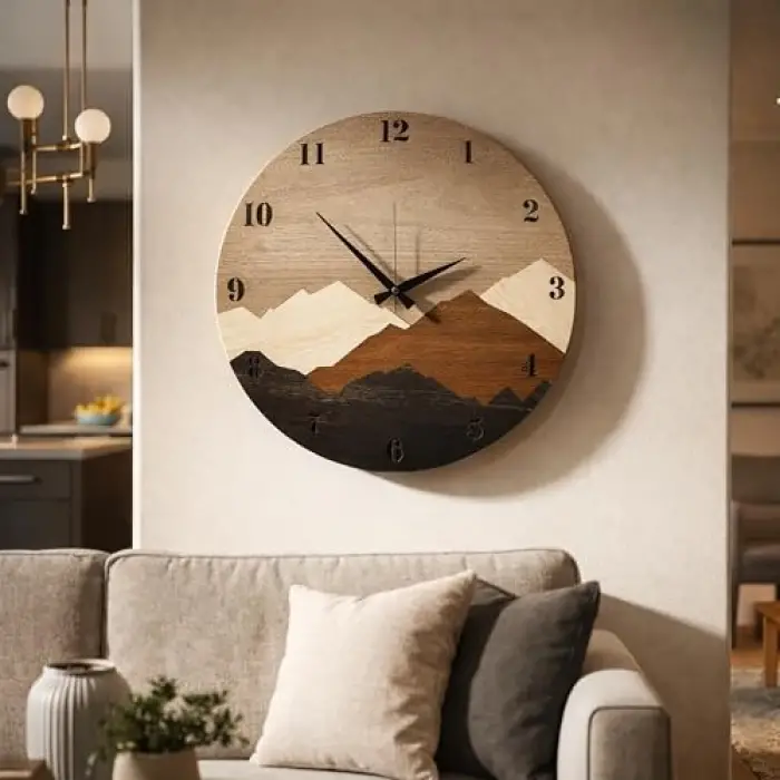 Modern Rustik Dağ Motifli Ahşap Duvar Saati 50 cm