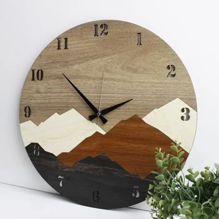 Modern Rustik Dağ Motifli Ahşap Duvar Saati 50 cm