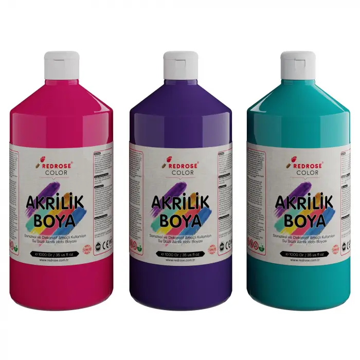 Mor, Fuşya, Turkuaz Akrilik Boya 3lü Set 3x1000 gr