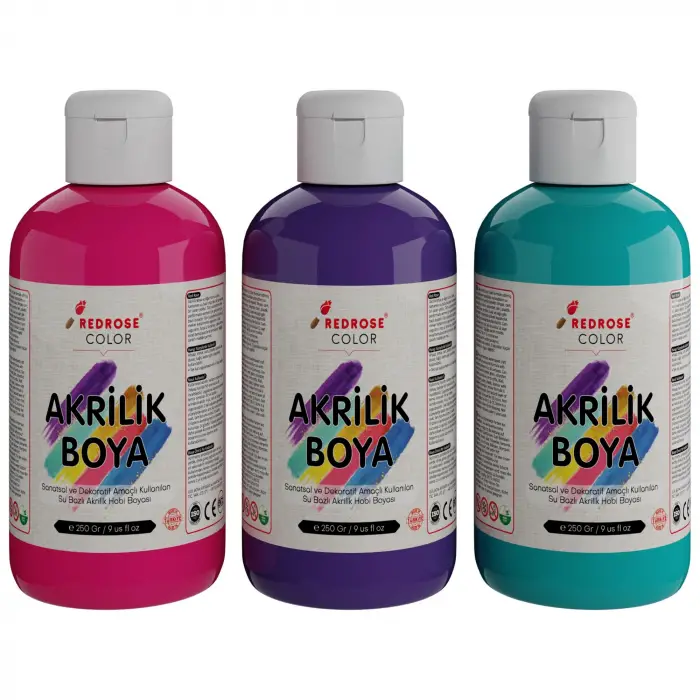 Mor, Fuşya, Turkuaz Akrilik Boya 3lü Set 3x250 gr