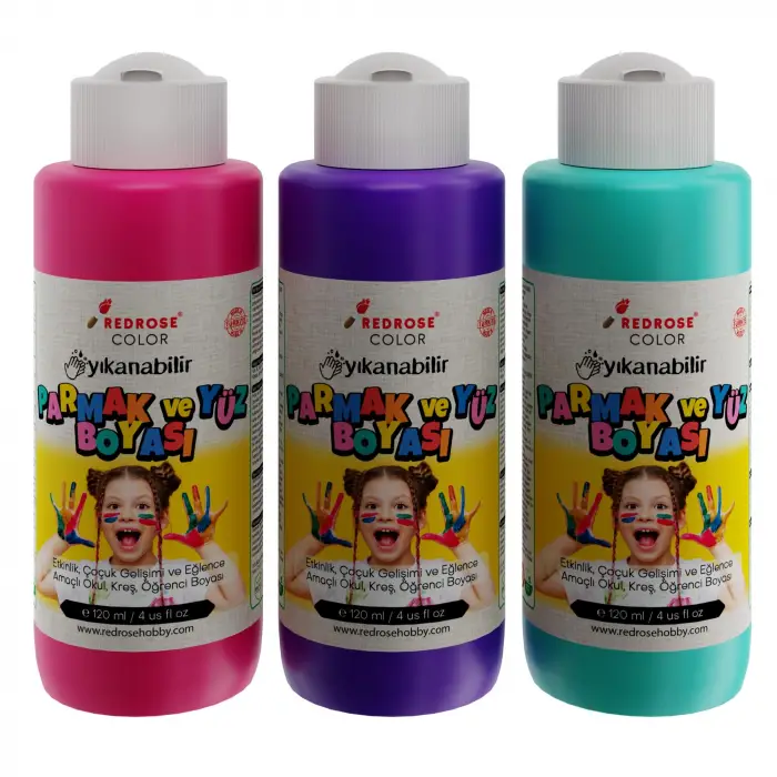 Mor; Fuşya, Turkuaz Parmak Boyası 3lü Set 3x120 ml