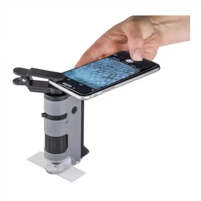 MP-250 MicroFlip 100-250x LED Işıklı Cep Mikroskobu, Akıllı Telefon Digiscoping Adaptör Klipsli, Gri