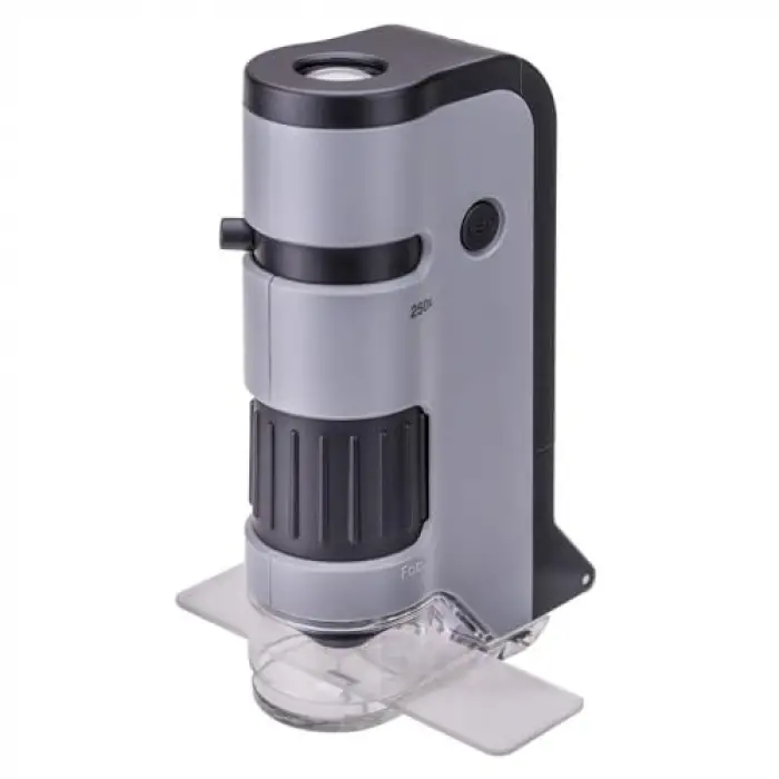 MP-250 MicroFlip 100-250x LED Işıklı Cep Mikroskobu, Akıllı Telefon Digiscoping Adaptör Klipsli, Gri