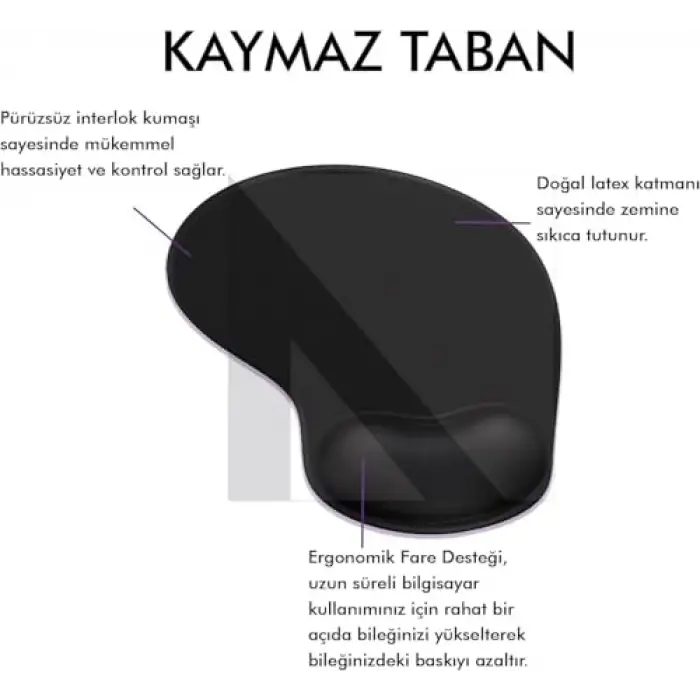 MP01 - Elips Bilek Destekli Mouse Pad | Konforlu, Kaymaz Taban, Ergonomik, Yumuşak, Ev,ofis (Siyah)