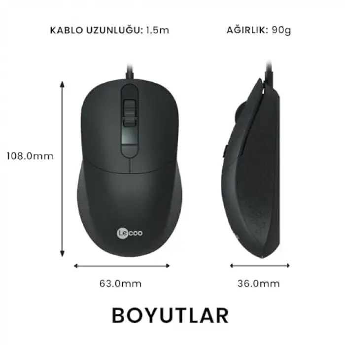 MS102 USB Kablolu 2400DPI 4 Tuşlu Mouse -Sessiz PC, Mac, Dizüstü Bilgisayar için, Windows, Linux ve Mac ile Uyumlu Sağ ve Sol Elle Kullanıma Uygun, 99gr Hafif Optik Mouse Siyah