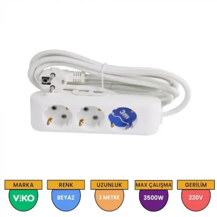 Multi-Let Topraklı Kablolu Ç.K 3mt Priz, 3lü, Beyaz