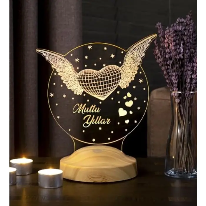 Mutlu Yıllar Hediyesi Kanatlı Kalp 3d Led Lamba