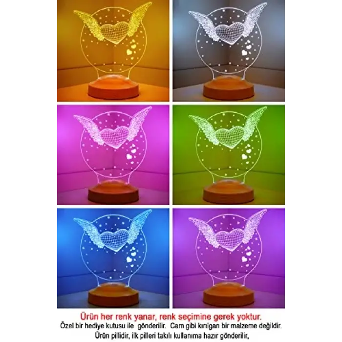 Mutlu Yıllar Hediyesi Kanatlı Kalp 3d Led Lamba