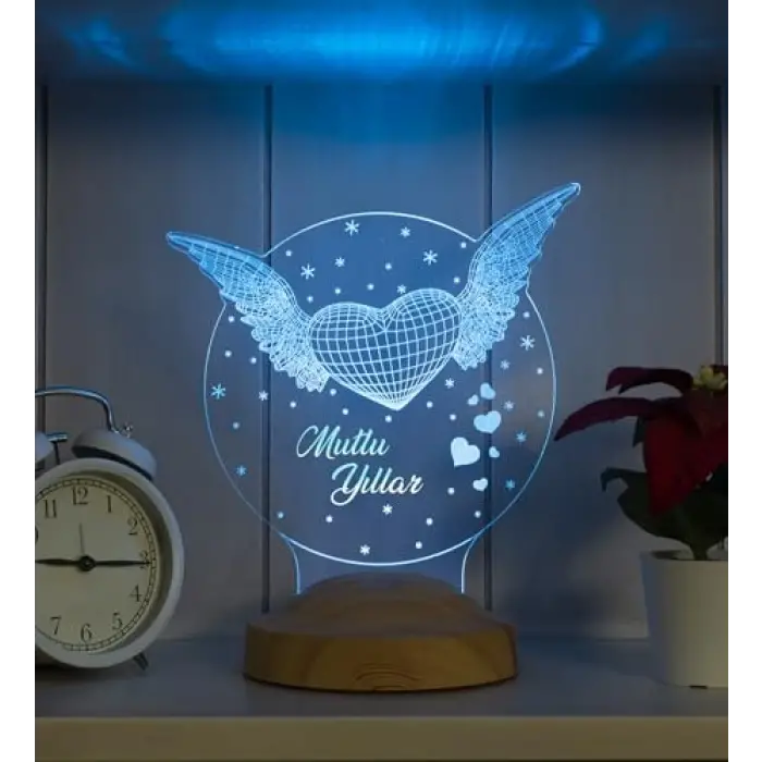 Mutlu Yıllar Hediyesi Kanatlı Kalp 3d Led Lamba