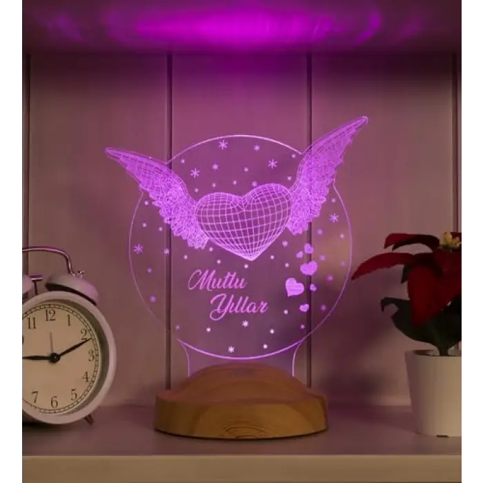 Mutlu Yıllar Hediyesi Kanatlı Kalp 3d Led Lamba