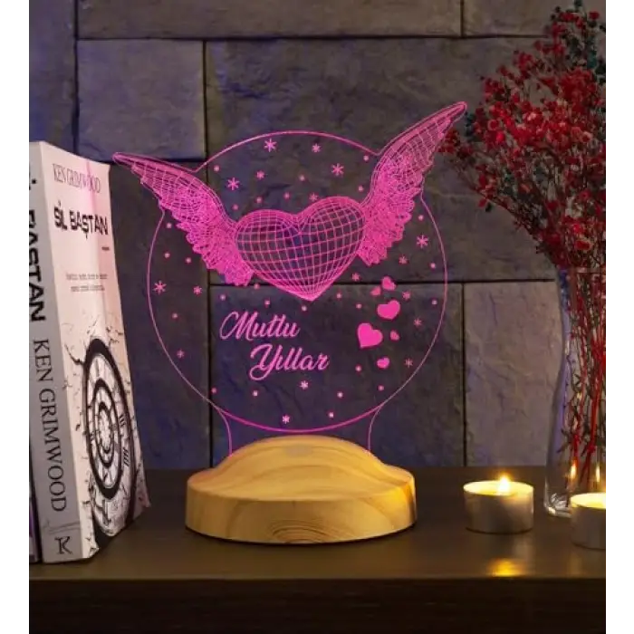 Mutlu Yıllar Hediyesi Kanatlı Kalp 3d Led Lamba