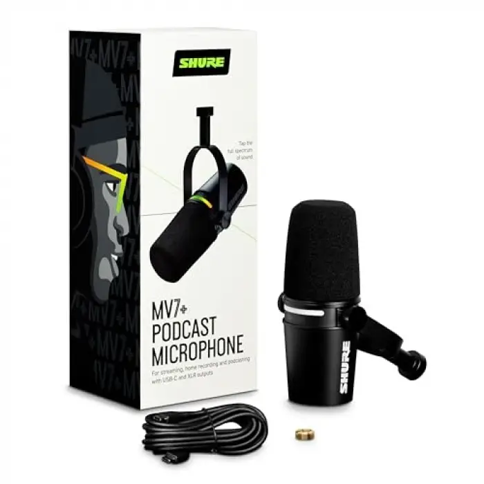 MV7+ Podcast Dynamic Microphone. Obs Certified; Enhanced Audio, LED Touch Panel, USB-C & Xlr Outputs, Auto Level Mode, Digital Pop Filter, Reverb Effects, Podcasting, Streaming, Recording -Black