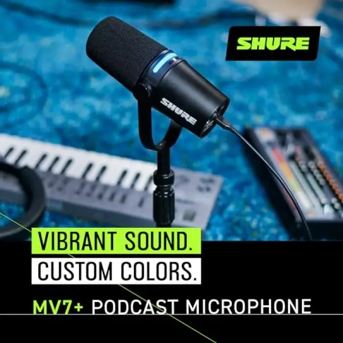 MV7+ Podcast Dynamic Microphone. Obs Certified; Enhanced Audio, LED Touch Panel, USB-C & Xlr Outputs, Auto Level Mode, Digital Pop Filter, Reverb Effects, Podcasting, Streaming, Recording -Black