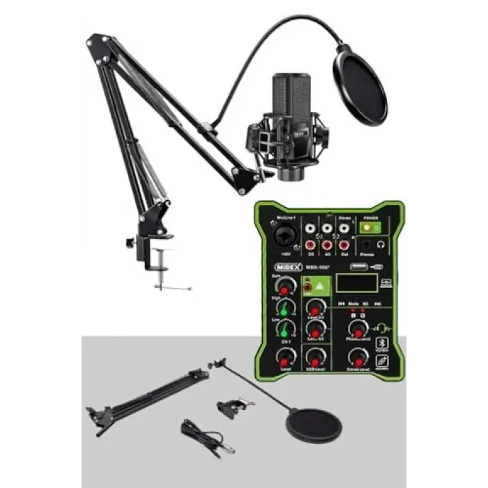 MX-2020 Functional Paket-2 Stüdyo Mikrofon Ses Kartlı Mikser Kulaklık Stand