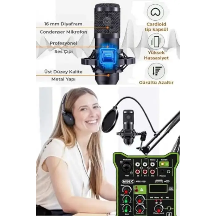 MX-2020 Functional Paket-2 Stüdyo Mikrofon Ses Kartlı Mikser Kulaklık Stand