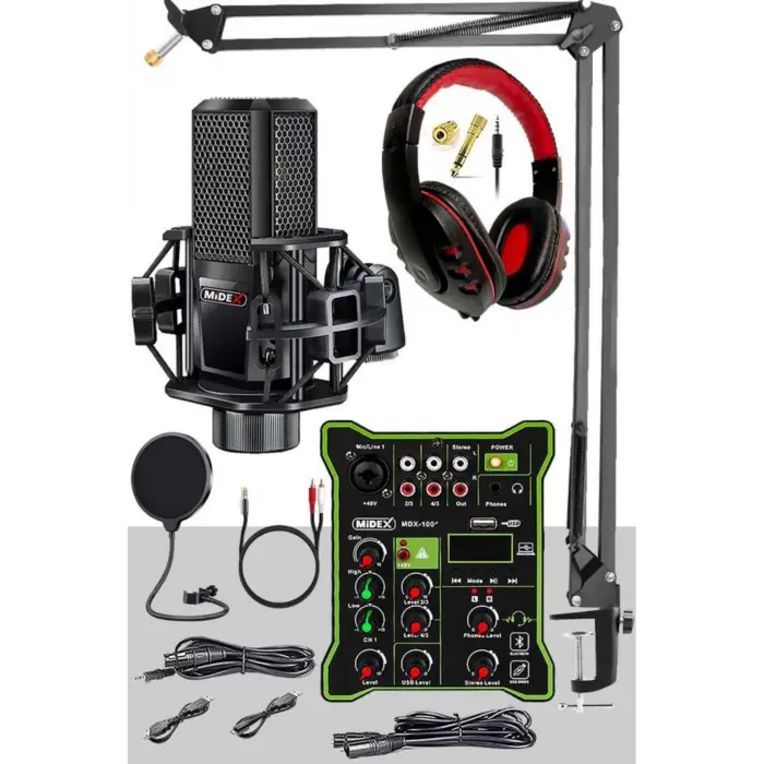 MX-2020 Functional Paket-2 Stüdyo Mikrofon Ses Kartlı Mikser Kulaklık Stand
