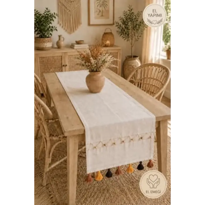 Nakışlı Püsküllü Masa Runner Dekoratif Sofra Tekstili