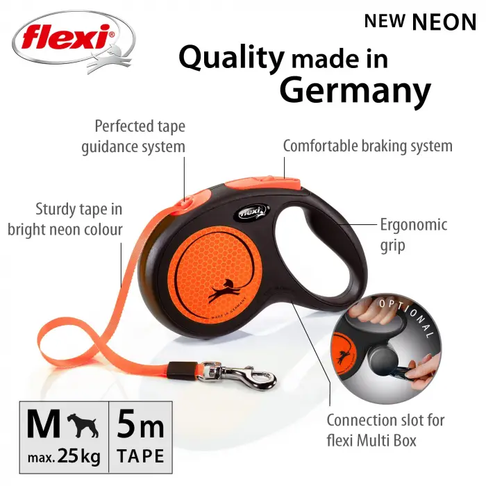 New Neon 5 m Medium Şerit Otomatik Köpek Gezdirme Tasması