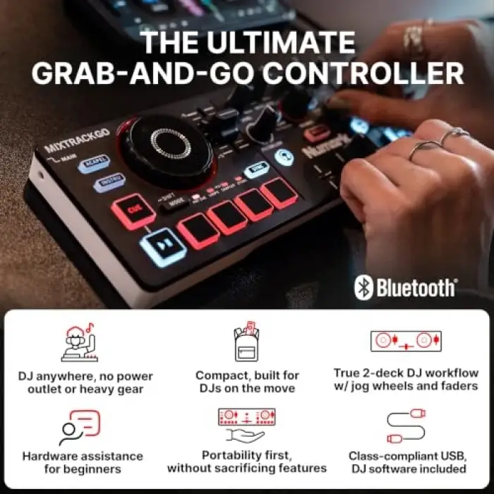 Numark MixTrack Go Kompakt Bluetooth DJ Controller; 2 Deck, Stems Kontrolü, Smart Fader, Kapasitif Dokunmatik Jog Wheel, USB-C, Serato DJ Lite & Algoriddim djay Dahil, Taşınabilir DJ Mikseri