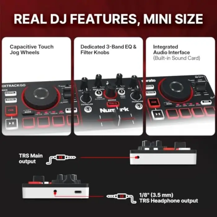 Numark MixTrack Go Kompakt Bluetooth DJ Controller; 2 Deck, Stems Kontrolü, Smart Fader, Kapasitif Dokunmatik Jog Wheel, USB-C, Serato DJ Lite & Algoriddim djay Dahil, Taşınabilir DJ Mikseri