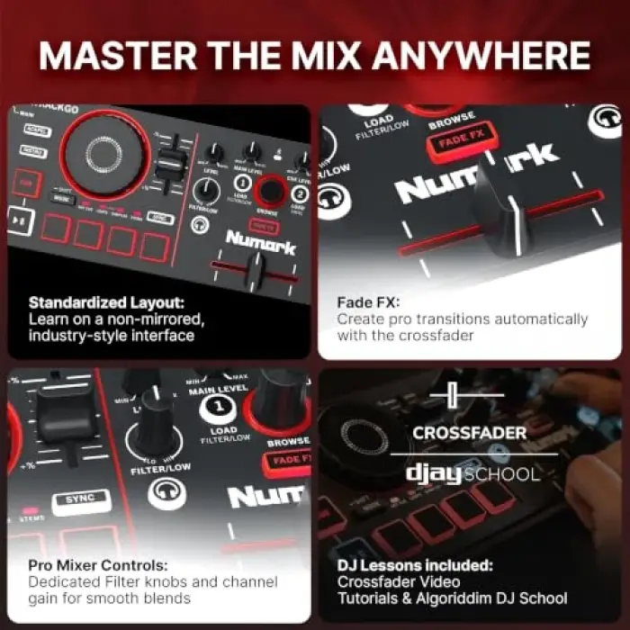 Numark MixTrack Go Kompakt Bluetooth DJ Controller; 2 Deck, Stems Kontrolü, Smart Fader, Kapasitif Dokunmatik Jog Wheel, USB-C, Serato DJ Lite & Algoriddim djay Dahil, Taşınabilir DJ Mikseri