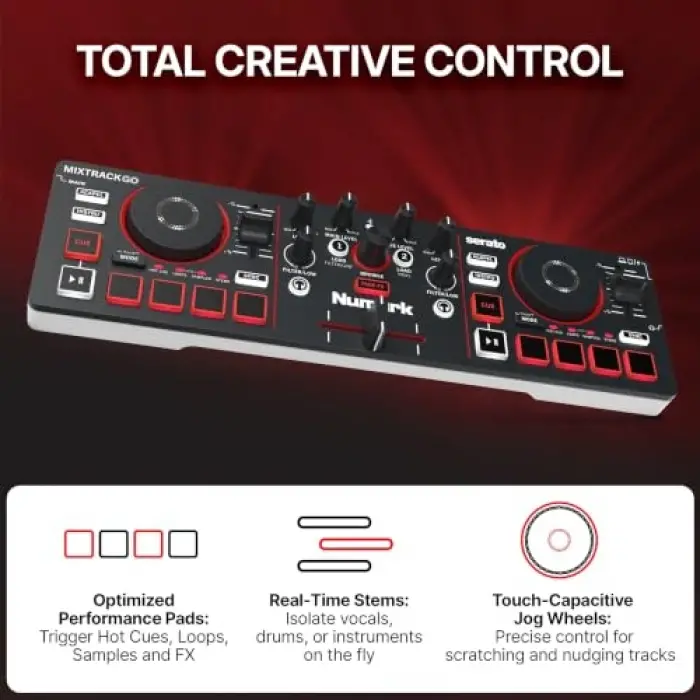 Numark MixTrack Go Kompakt Bluetooth DJ Controller; 2 Deck, Stems Kontrolü, Smart Fader, Kapasitif Dokunmatik Jog Wheel, USB-C, Serato DJ Lite & Algoriddim djay Dahil, Taşınabilir DJ Mikseri