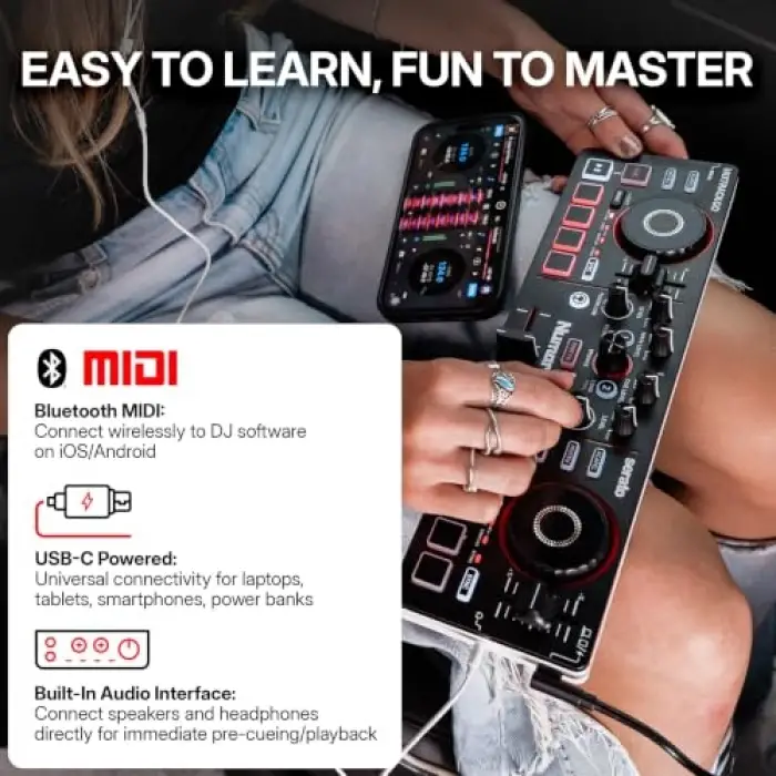Numark MixTrack Go Kompakt Bluetooth DJ Controller; 2 Deck, Stems Kontrolü, Smart Fader, Kapasitif Dokunmatik Jog Wheel, USB-C, Serato DJ Lite & Algoriddim djay Dahil, Taşınabilir DJ Mikseri