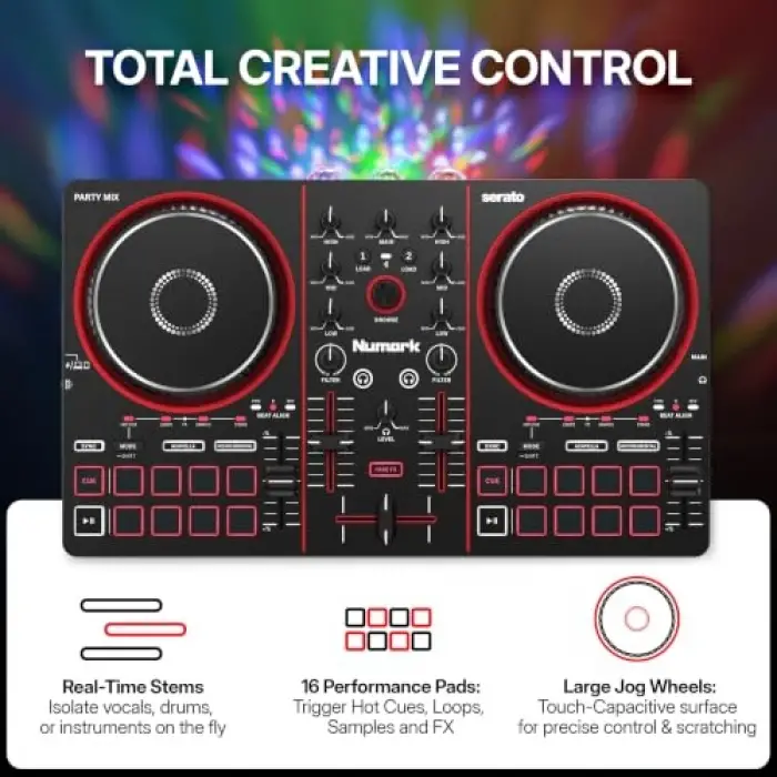Numark Party Mix Iıı Dahili Işıklı Bluetooth DJ Controller; 2 Deck, 16 Pad, Stems Kontrolü, Beat Assist, Smart Fader, USB-C, Serato DJ Lite & Algoriddim djay Dahil, Başlangıç DJ Seti