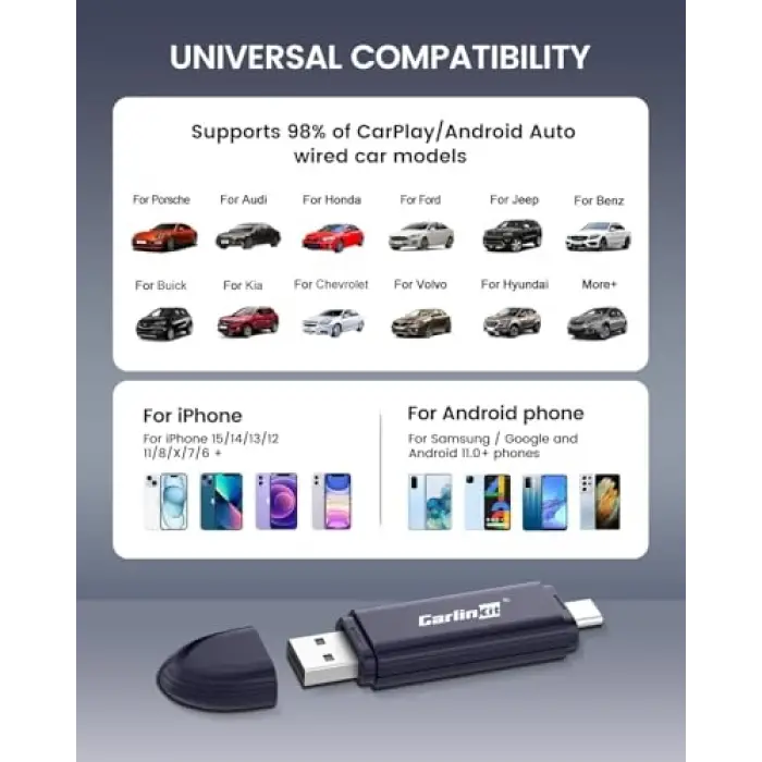 Oem Kablolu CarPlay ve Oem Kablolu Android Auto için Mini SE Pro Kablosuz Adaptör, iOS 10 ve Android 10 ve Üzeri Uyumlu, Hızlı Bağlantı, Gecikme Yok, Koyu Mavi