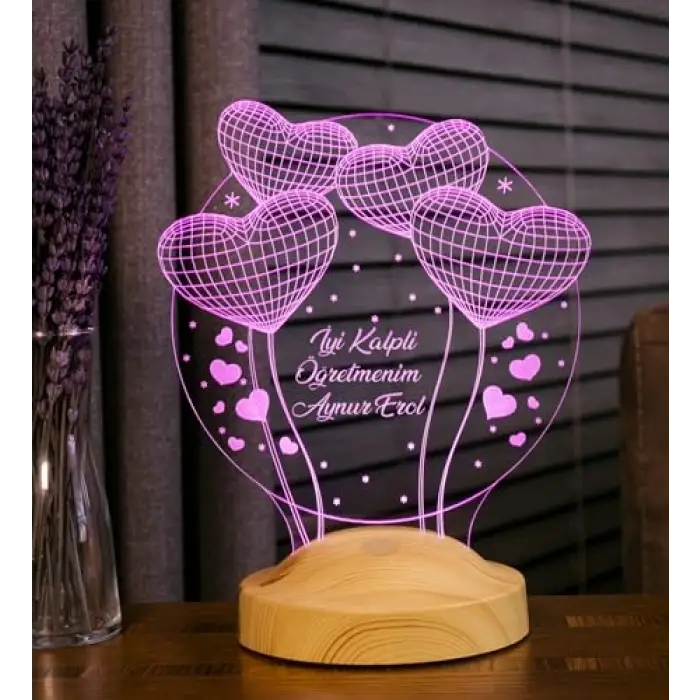 Öğretmene Özel Balon Kalpli 3D LED Gece Lambası, İsimli