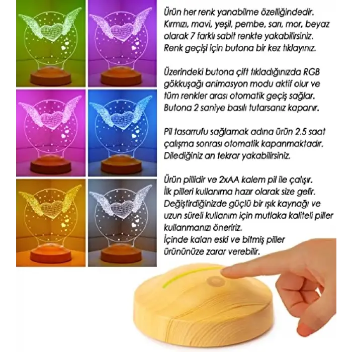 Öğretmene Özel Kanatlı Kalp Figürlü LED Lamba