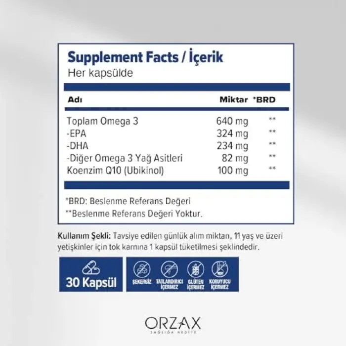 Omega 3 ve QH içeren 30 kapsül