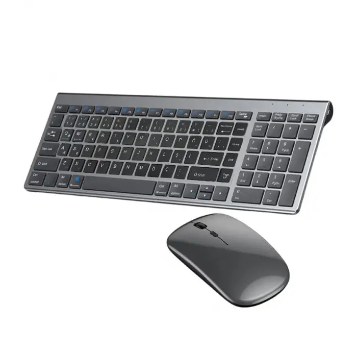 Onezero Kablosuz Türkçe Klavye Mouse Set Şarjlı Klavye Mouse 2.4G USB Dongle ve Bluetooth Bağlantılı Ergonomik Tasarım Kablosuz Keyboard Fare Titanyum Renk ZR609