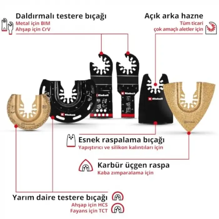 Orijinal Einhell 6 Parça Multitool Seti (Dalma, HCS Yarım Daire, CrV Dalma, Karbür Uçlu Yarım Daire Testere Bıçağı, Karbür Delta Rasp, Esnek Spatula – Open Back bağlantılı) - 49708106