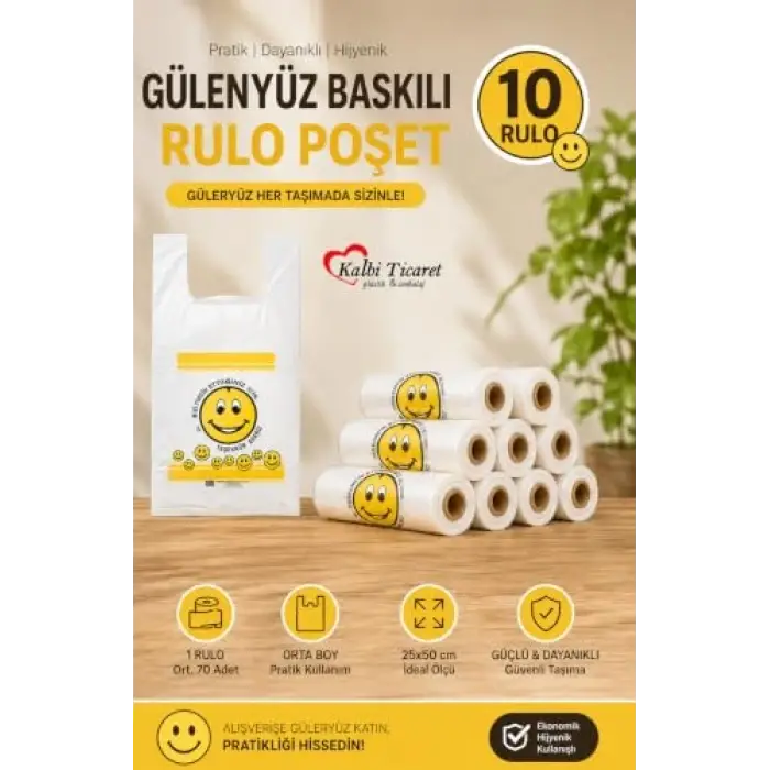 Orta Boy Rulo Poşet, 10 Rulo, Güleryüz Baskılı