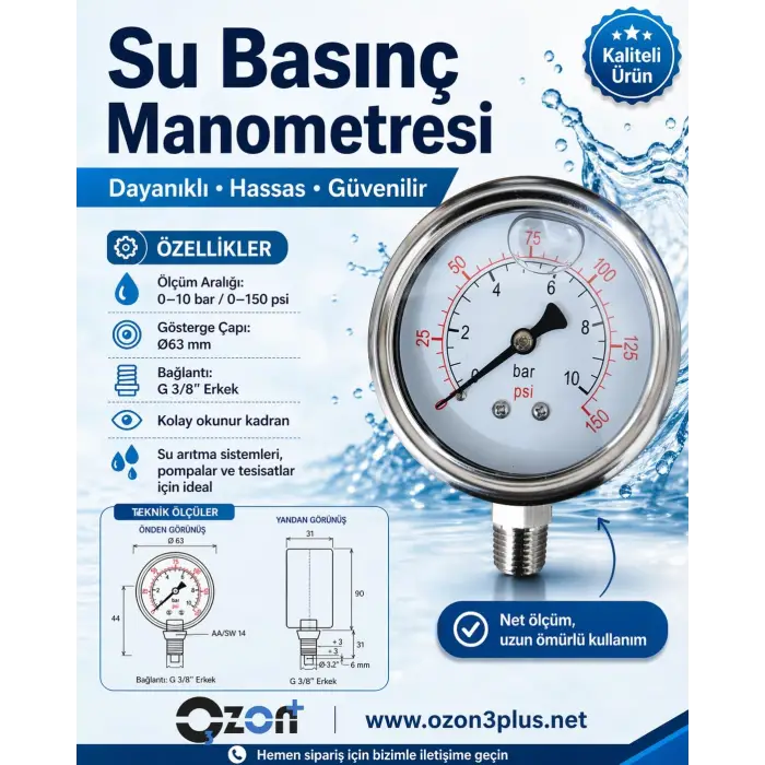 Ozon Plus Manometre 0-10 Basınç Ölçer, Basınç Göstergesi