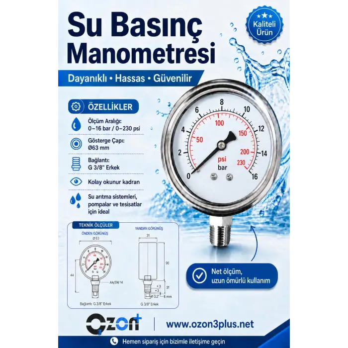 Ozon Plus Manometre 0-16 Basınç Ölçer - Basınç Göstergesi