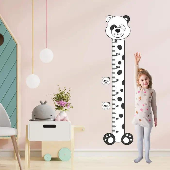 Panda Temalı Çocuk Boy Ölçer Sticker, Siyah Beyaz Minimal Duvar Dekoru
