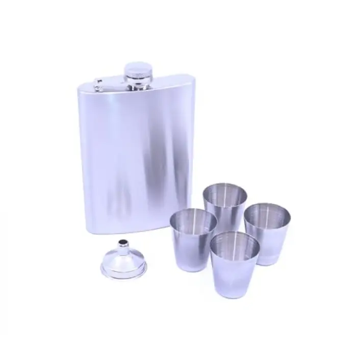 Paslanmaz Çelik Dört Shot Bardaklı Matara Seti, Mat Krom