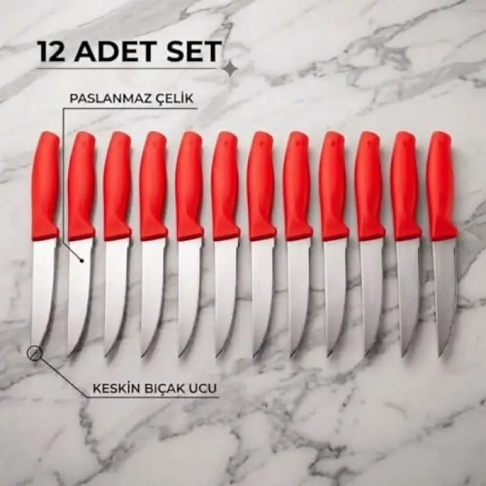 Paslanmaz Çelik Meyve Bıçağı Seti, Kırmızı Saplı, 12 Parça