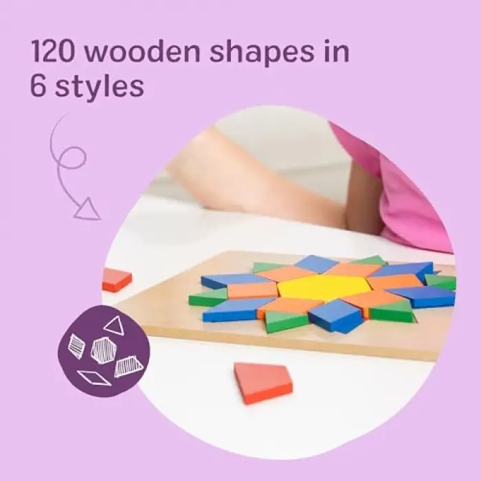 Pattern Blocks and Boards - Classic Toy With 120 Solid Wood Shapes and 5 Double-Sided Panels